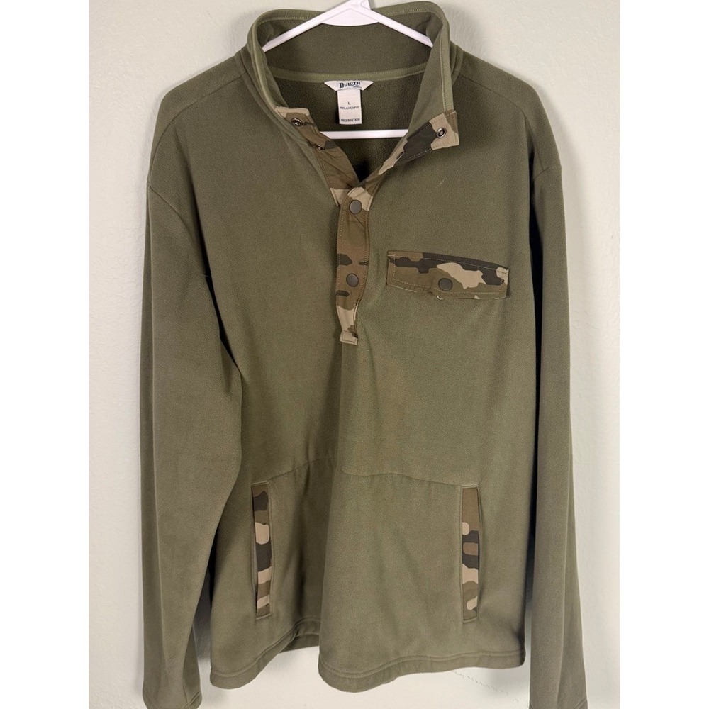 Duluth Trading Co Mens Large Fleece Pullover Olive Green‎ Camo Trim Snap Neck